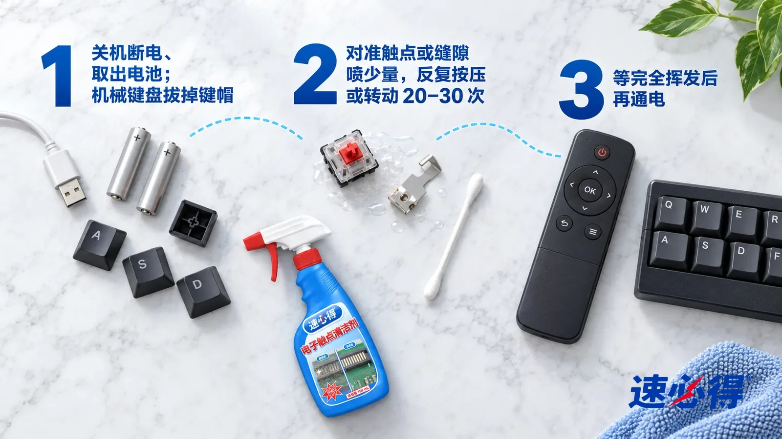 示意图:速必得电子触点清洁剂——正上方俯拍的浅色大理石台面,不出现瓶子和手:① 一根拔下的数据线、两节取出的电池和几颗取下的键帽;② 一颗露出的机械轴体和一片拆下的电池触片