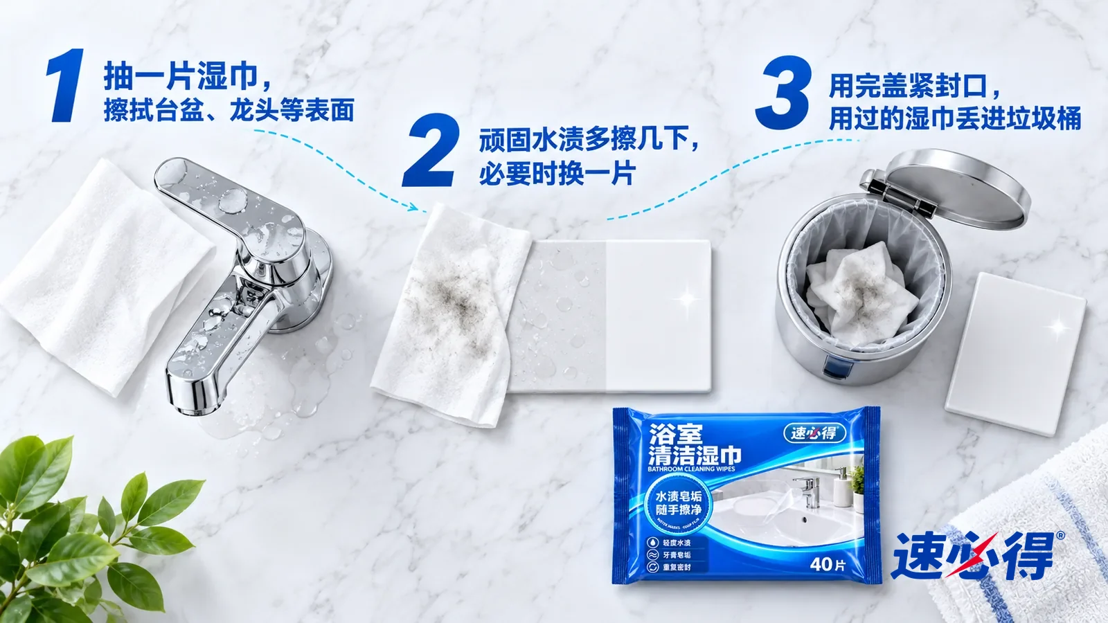 示意图:速必得浴室清洁湿巾——① 一张展开的白色湿巾和一只底座带白色水渍的镀铬龙头配件;② 一张擦过、沾着淡灰痕迹的白色湿巾和一块半边已经擦亮的白色陶瓷样板;③ 一只小号