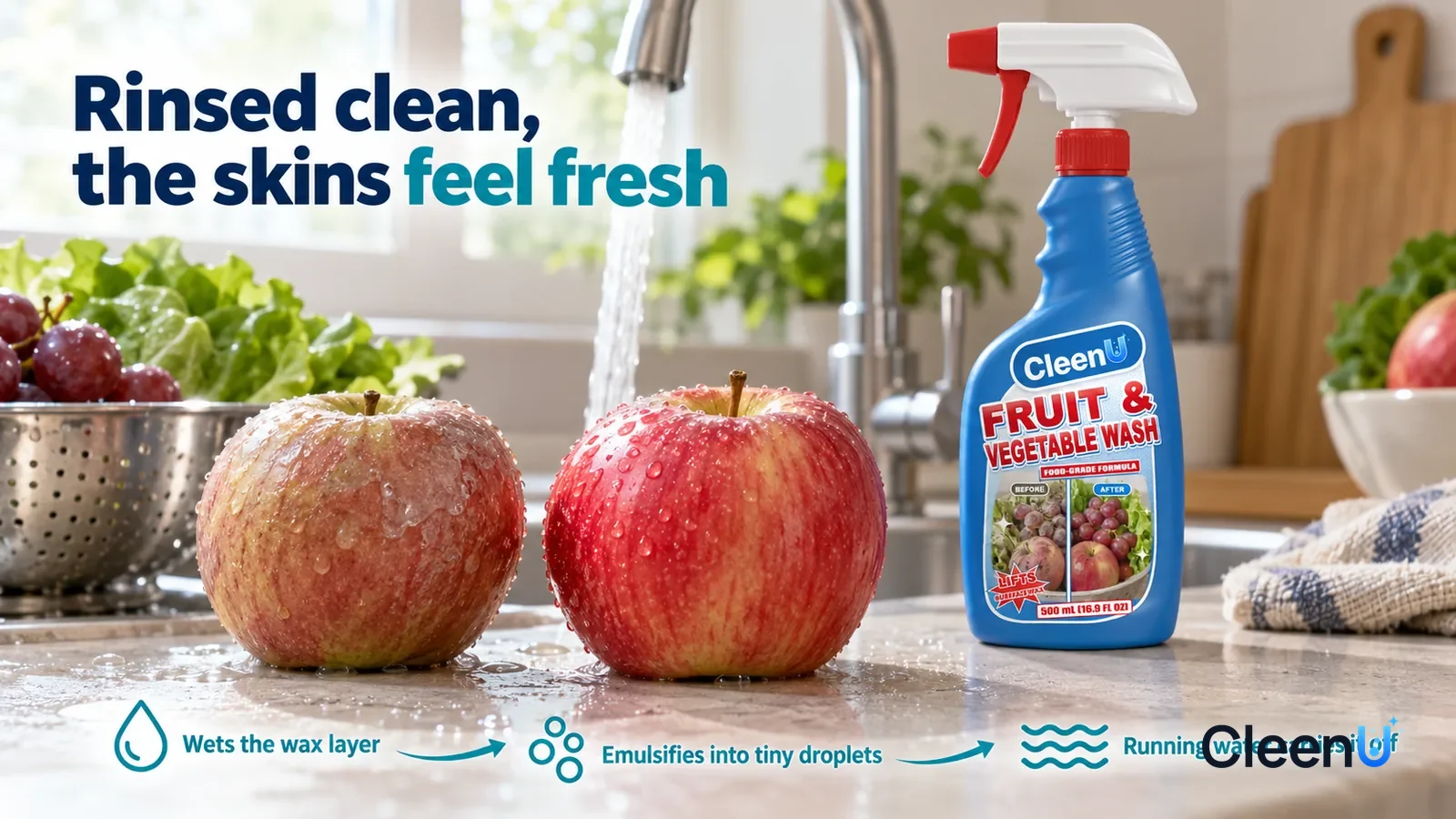 Illustration: CleenU Fruit & Vegetable Wash — one apple has just been rinsed under running water, its rinsed side bright with clear texture