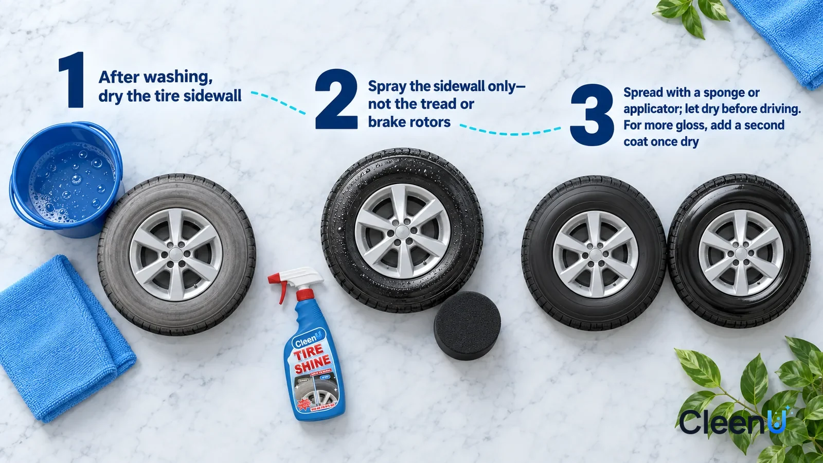 Illustration: CleenU Tire Shine — an overhead shot straight down onto a light marble tabletop, no bottle and no hands: (1) a microfiber towel, a bucket
