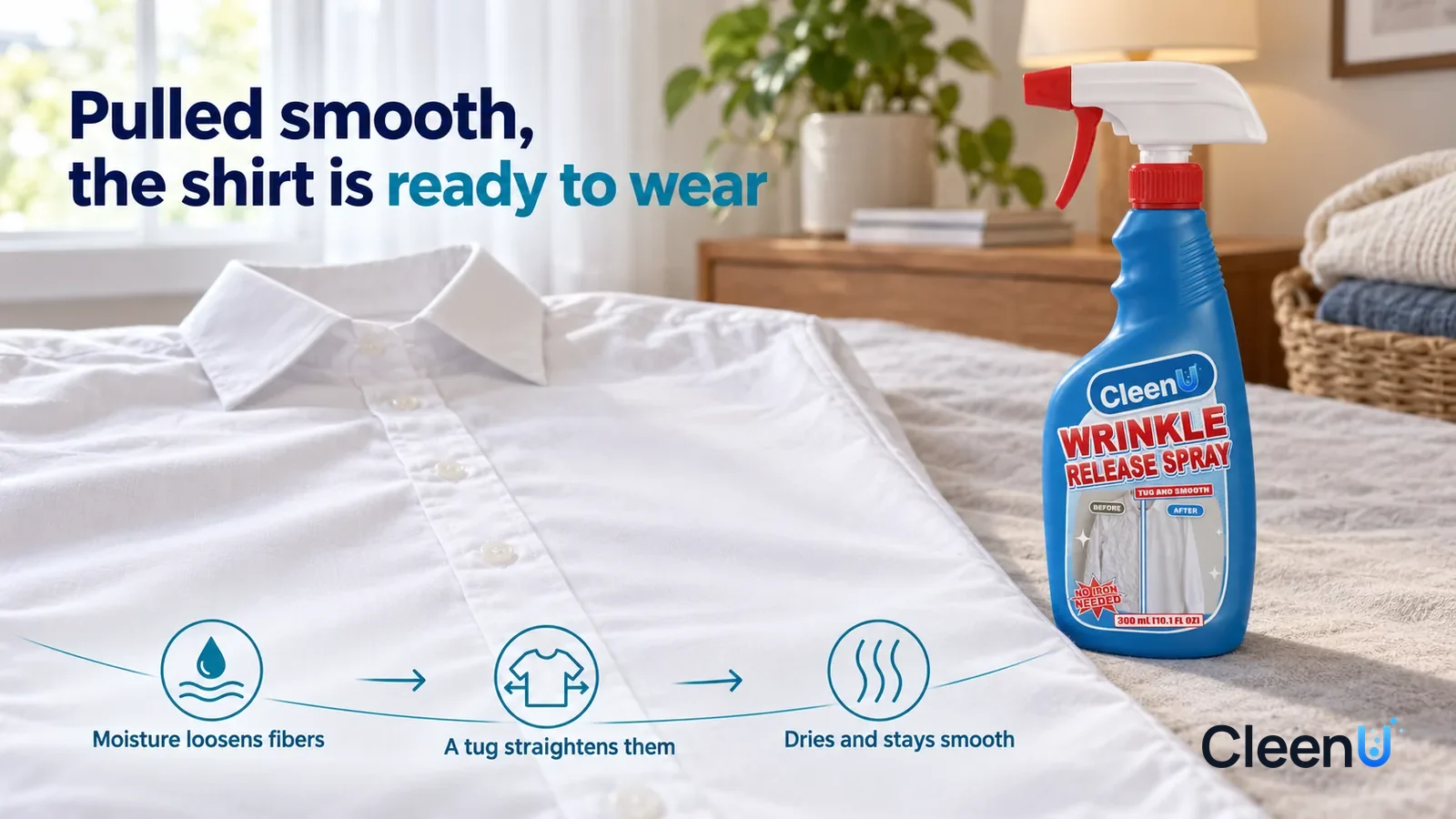 Illustration: CleenU Wrinkle Release Spray — the fabric just smoothed, the buttons in a straight line, the cotton weave smooth and soft, a faint crease still left near the hem