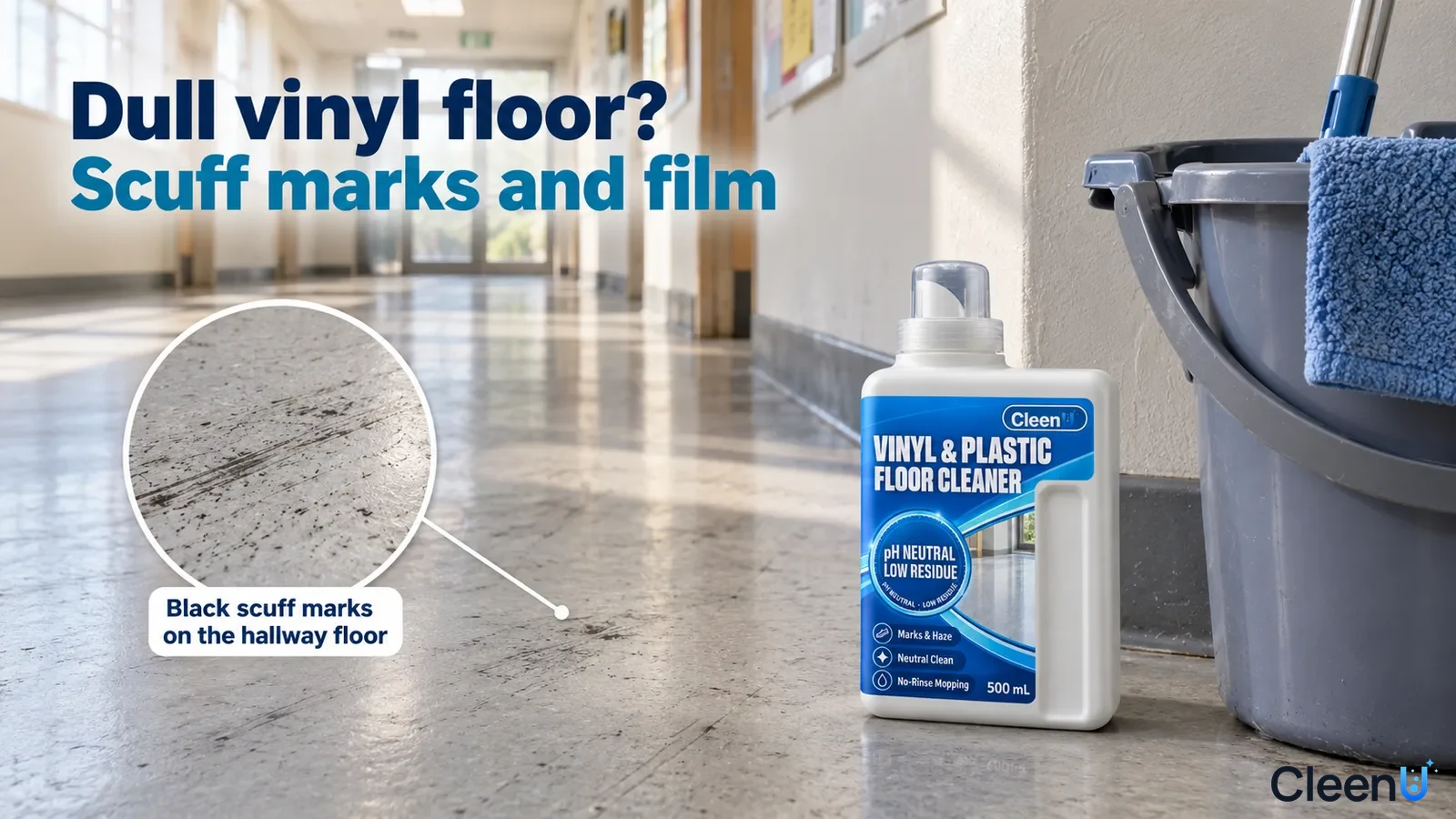 Illustration: Black scuffs and hazy film on a vinyl hallway floor beside a blue bucket and white cleaner bottle.