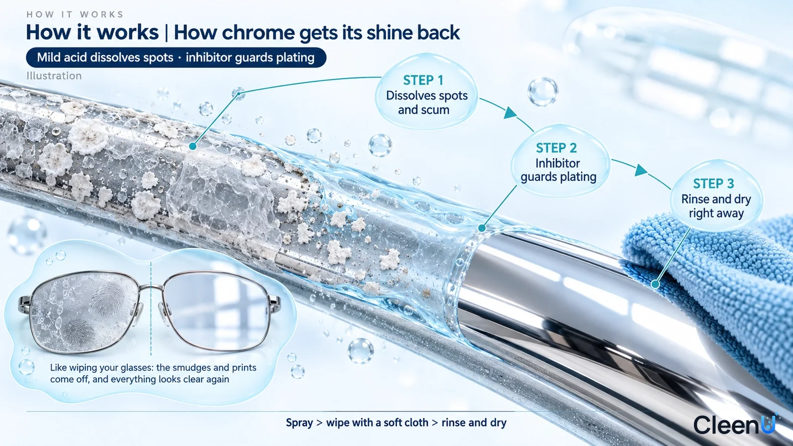 Illustration: A chrome surface cross-section, white scale particles, drops and a blue cloth.