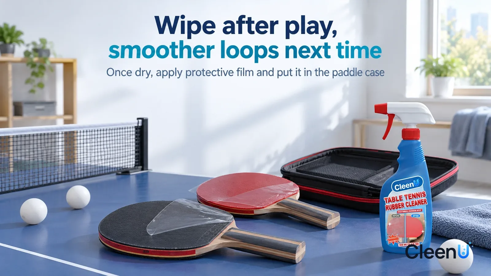 Illustration: CleenU Table Tennis Rubber Cleaner — A bright early-morning home game room, two red-and-black inverted-rubber paddles with clear protective film and an open paddle case on a cor Headline