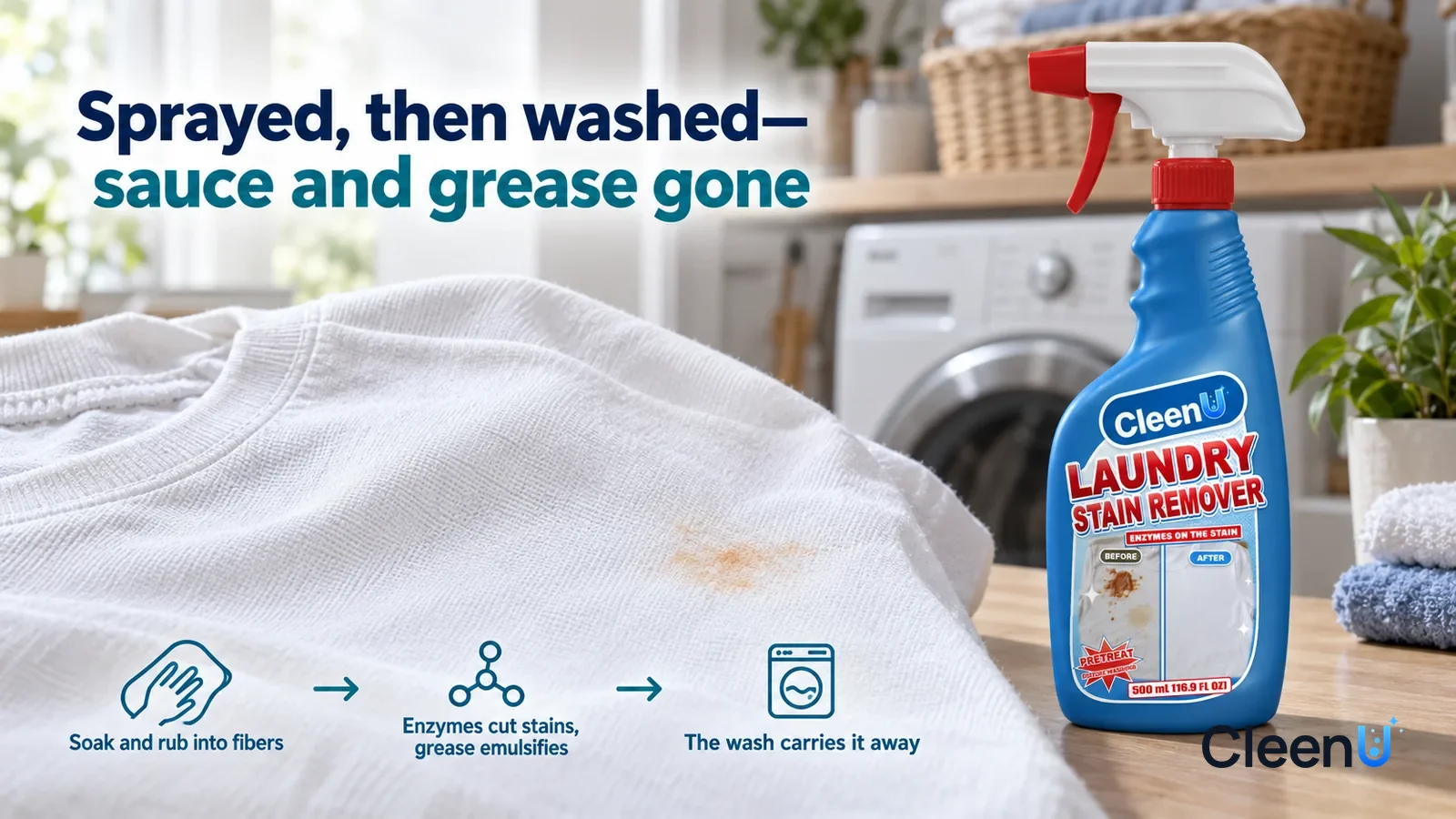 Illustration: CleenU Laundry Stain Remover — a freshly washed patch is smooth and white with a clear weave, a faint light orange mark still left in one small spot beside it