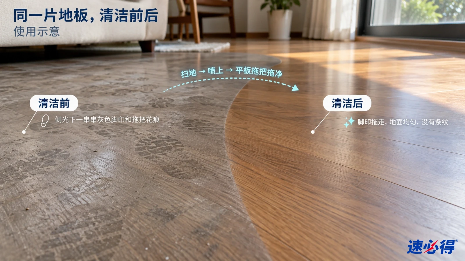 示意图：同一木纹地板的灰色脚印区域与较洁净区域对照，非实测照片。