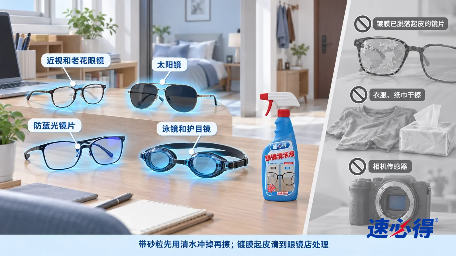 示意图:速必得眼镜清洁液——一张写实 3D 剖面实景图,一套明亮的家的书房、卧室和玄关区域,连续空间、一个视角,近视眼镜、老花眼镜、太阳镜、防蓝光眼镜