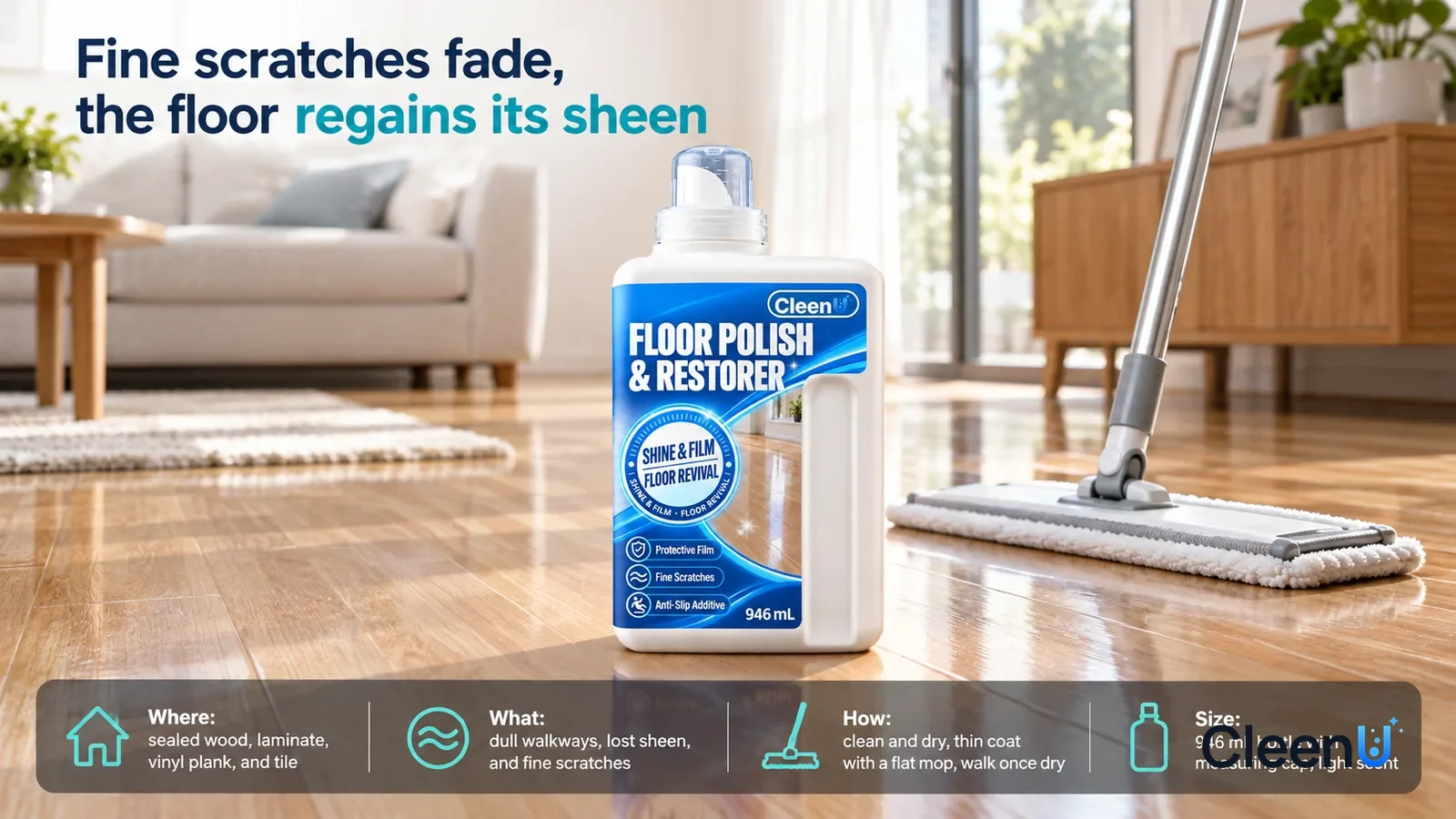 Illustration: CleenU Floor Polish & Restorer, measuring cap on, stands centered on the living-room laminate floor, a flat mop leaning beside it