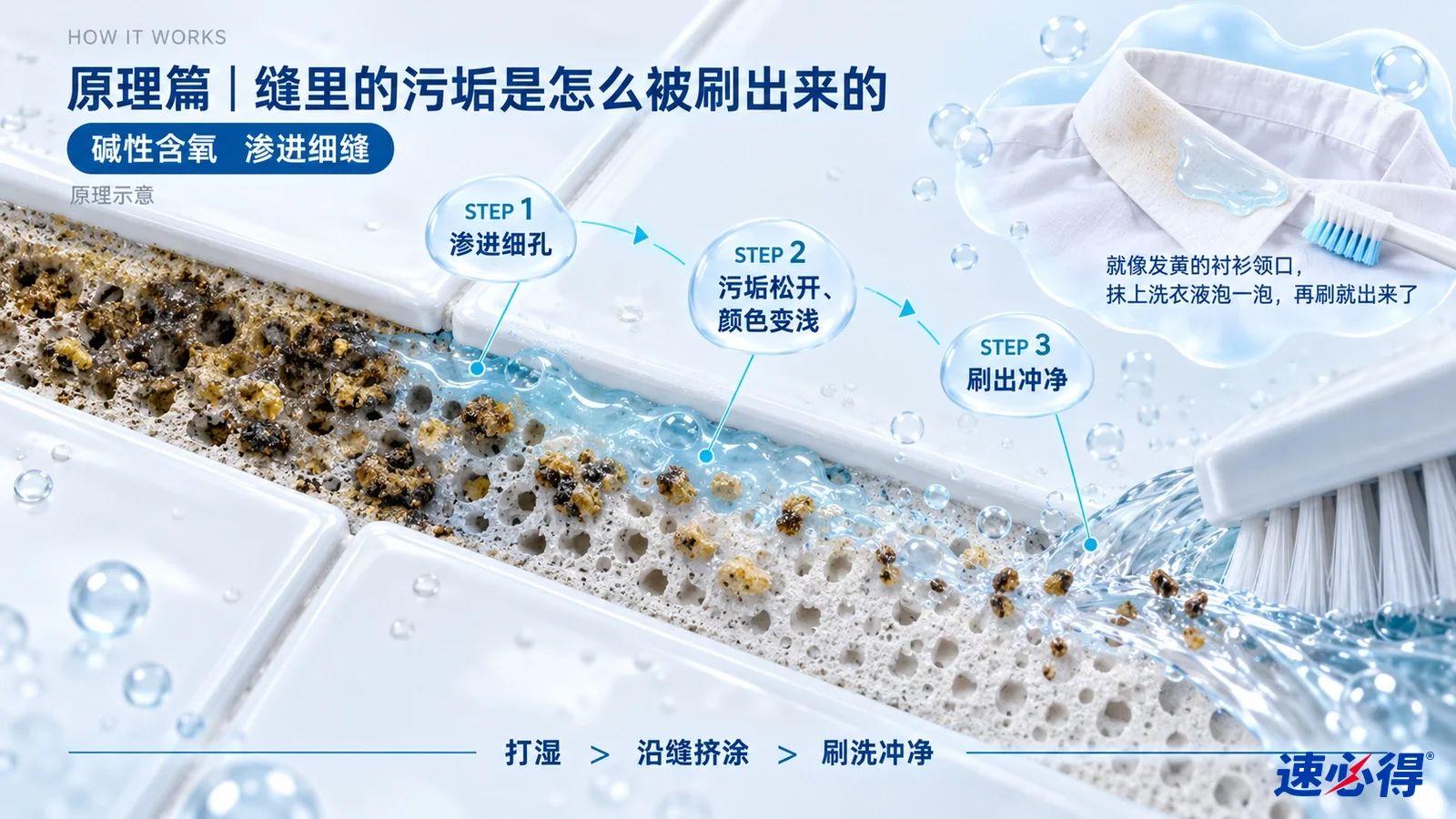 示意图:瓷砖缝填料剖面、污垢颗粒、液滴和刷毛。