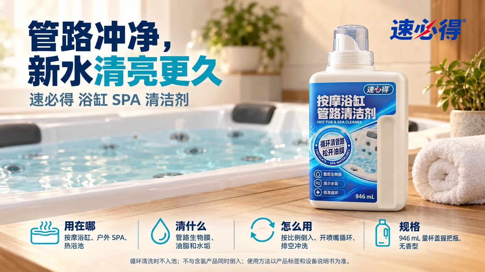 示意图：速必得浴缸 SPA 清洁剂盖好量杯盖站在画面右侧约三分之一处的按摩浴缸旁的木质台面上，旁边一条卷好的白浴巾，标题“管路冲净，新水清亮更久”
