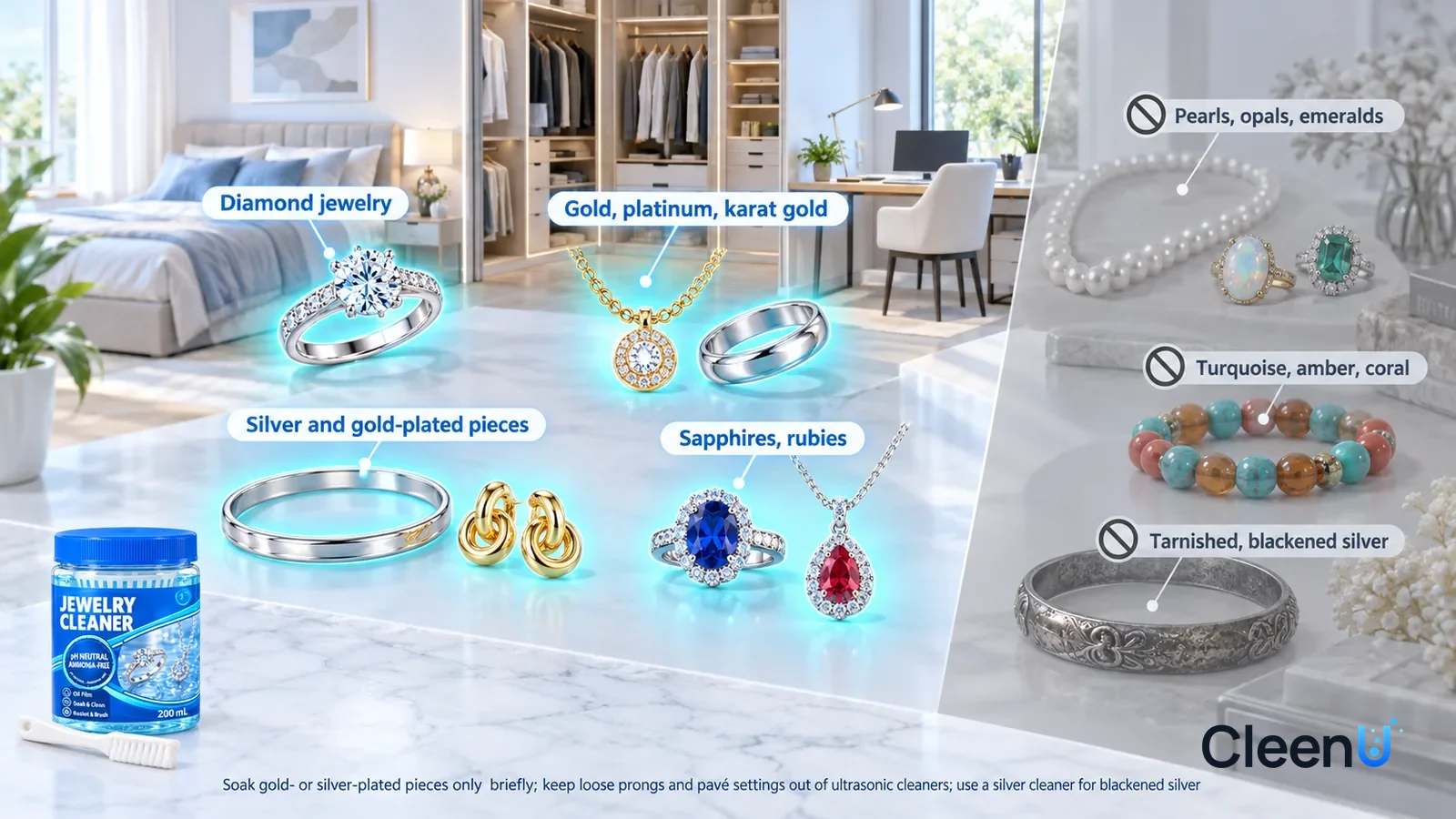 Illustration: CleenU Jewelry Cleaner — A realistic 3D cutaway of a bright home's bedroom, walk-in closet, and study, one continuous space from one viewpoint