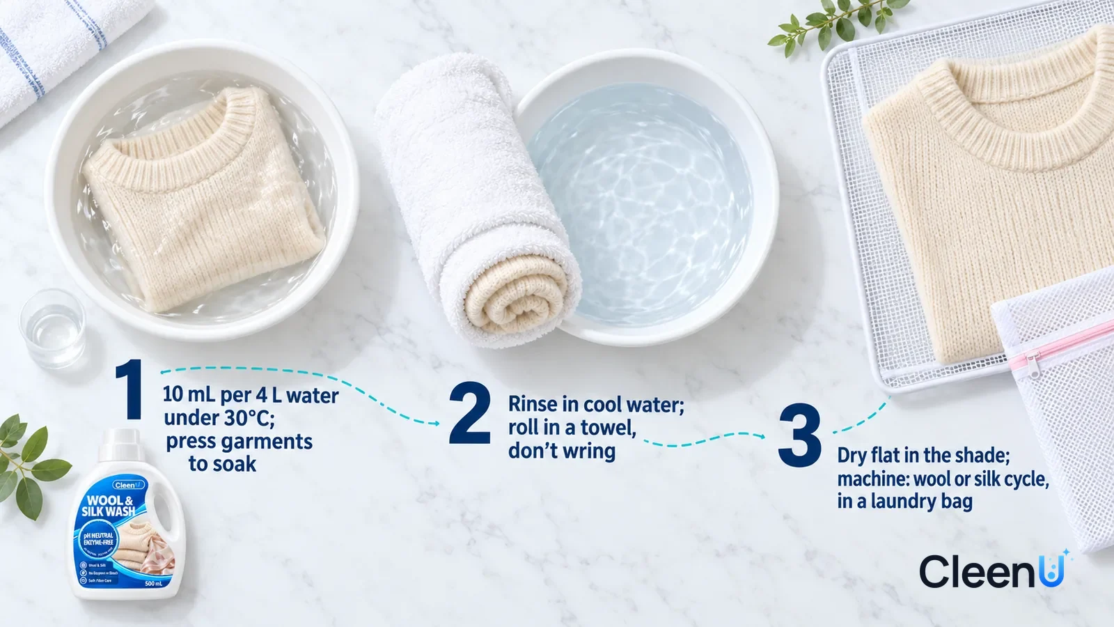 Illustration: CleenU Wool & Silk Wash — an overhead shot straight down onto a light marble tabletop, no hands: (1) a white wash basin of lukewarm water