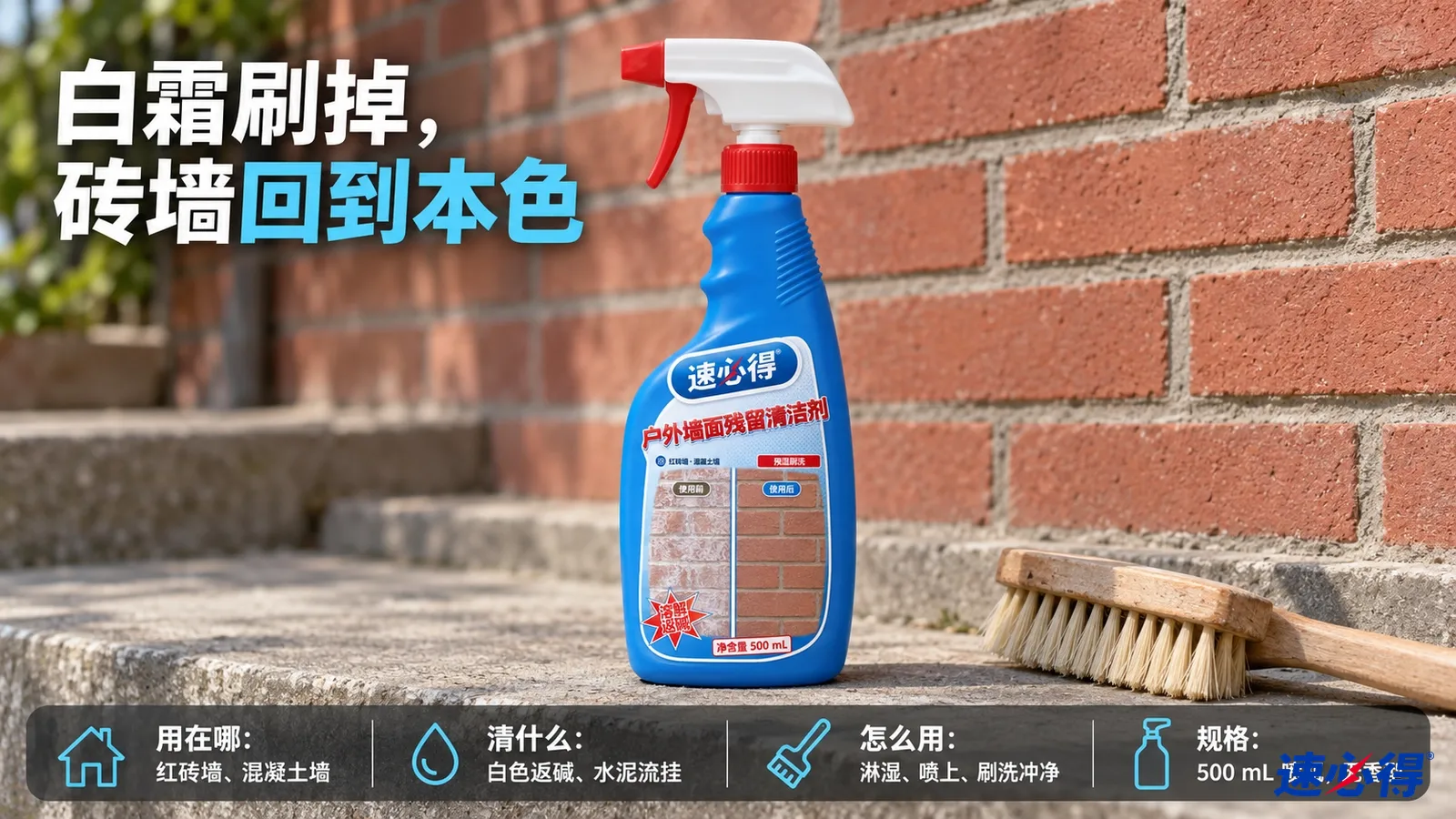 示意图：蓝色喷瓶与木柄刷子摆在红砖墙前。
