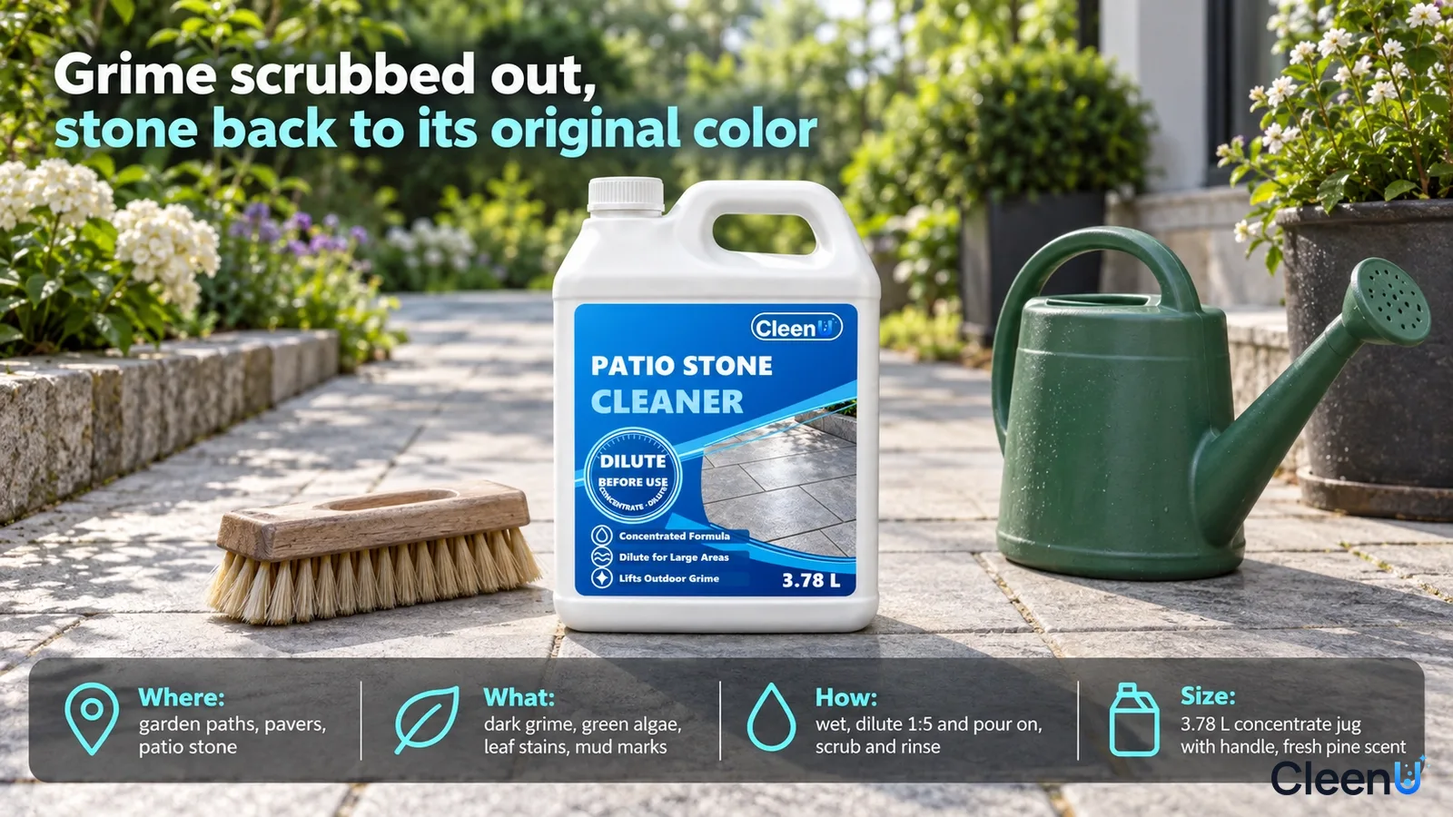 Illustration: A white cleaner jug, brush and green watering can on patio stones.