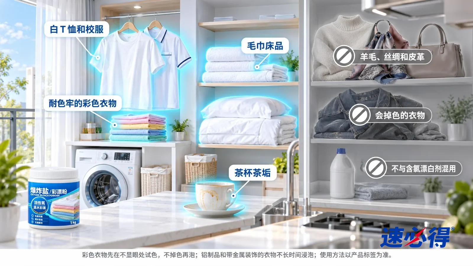 示意图：速必得爆炸盐彩漂粉——一张写实 3D 剖面实景图，一套明亮的家的洗衣房、阳台和厨房区域，连续空间、一个视角，不出现我们的罐子：白 T 恤和校服衬衫