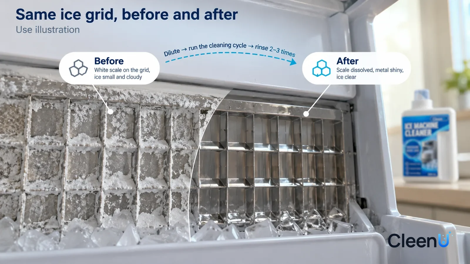 Illustration: CleenU Ice Machine Cleaner — A full-screen low-angle close-up of an ice maker's metal evaporator grid in the same side light, no bottle