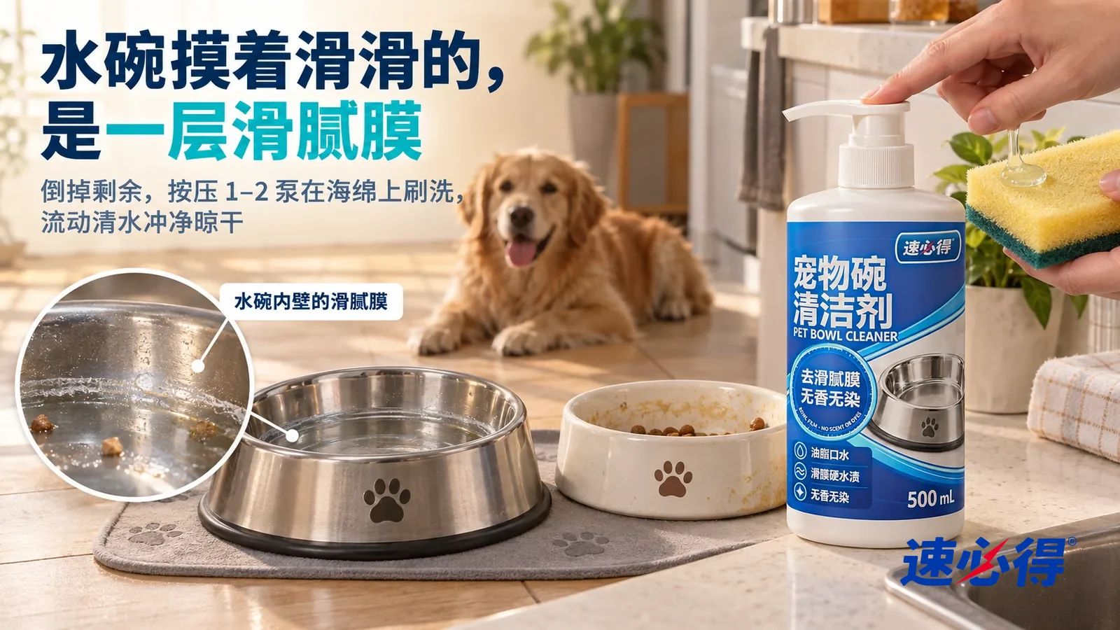 示意图:速必得宠物碗清洁剂——一个家常厨房一角的宠物进食区,地上一张浅灰喂食垫上放着一只不锈钢水碗和一只陶瓷食碗,标题“水碗摸着滑滑的,是一层滑腻膜”