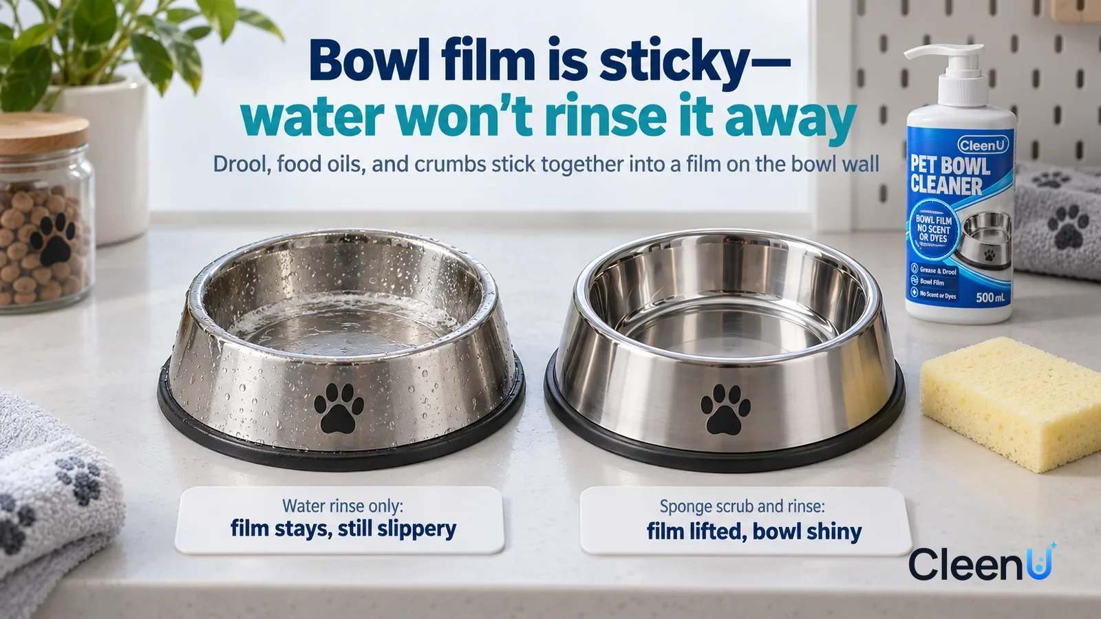 Illustration: CleenU Pet Bowl Cleaner — A landscape medium close-up of a small experiment in a cleaning lab: two identical stainless-steel pet bowls side by side on a white test be Headline: "Bowl fil