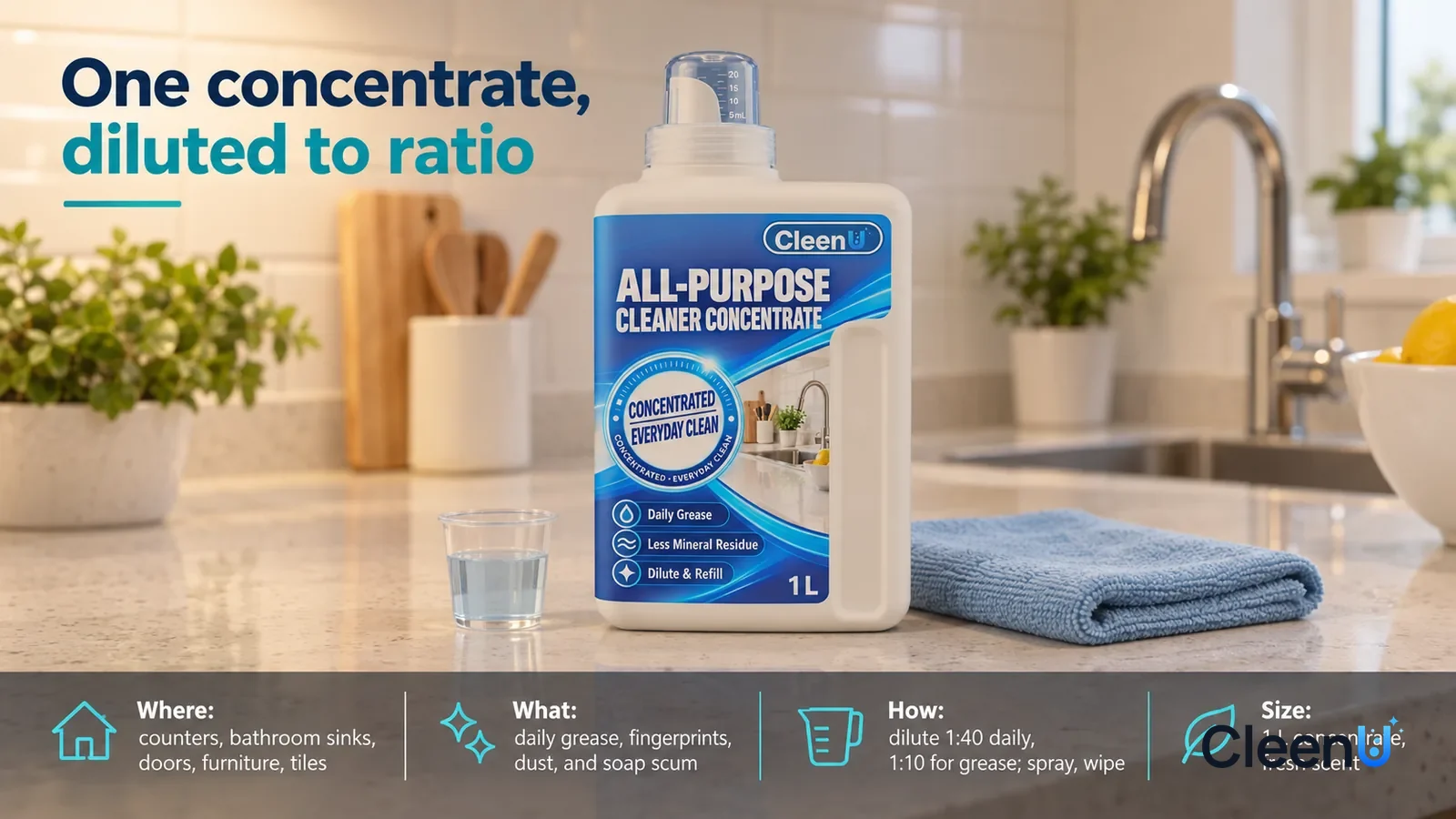Illustration: CleenU All-Purpose Cleaner Concentrate — keep the same white quartz kitchen counter, white glazed backsplash and pale-blue microfiber cloth; show ordinary thin cooking-oil film