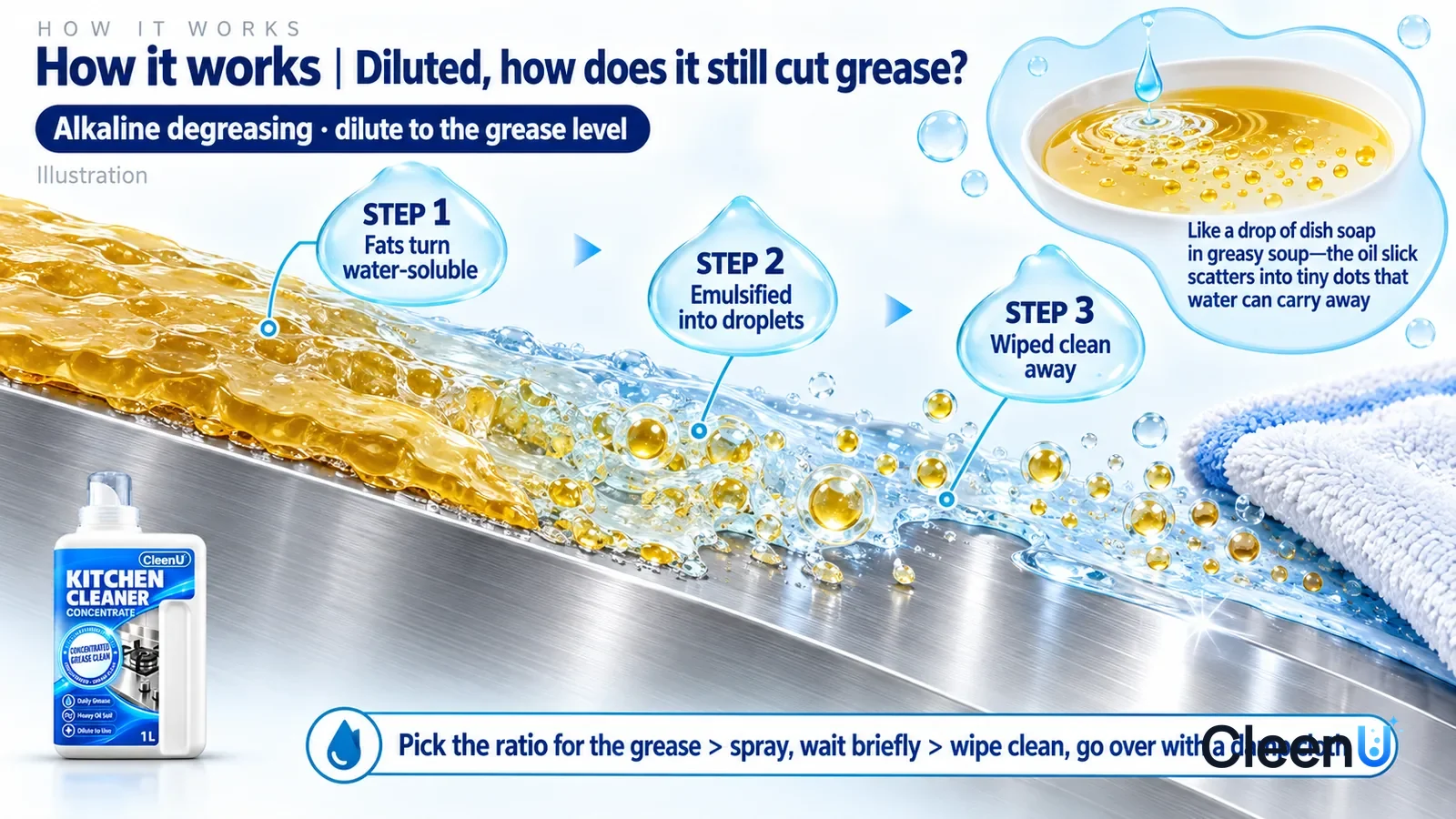 Illustration: CleenU Kitchen Cleaner Concentrate — an enormously magnified slice of a stainless-steel surface runs diagonally from upper left to lower right; on the left a thick layer of tran