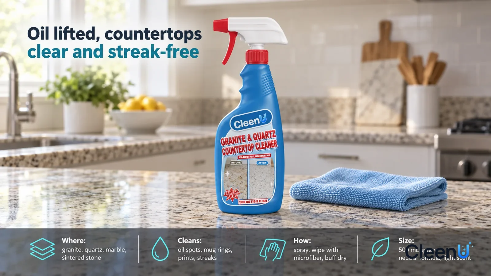 Illustration: CleenU Granite & Quartz Countertop Cleaner stands centered on a granite kitchen countertop, a folded light blue microfiber cloth beside it