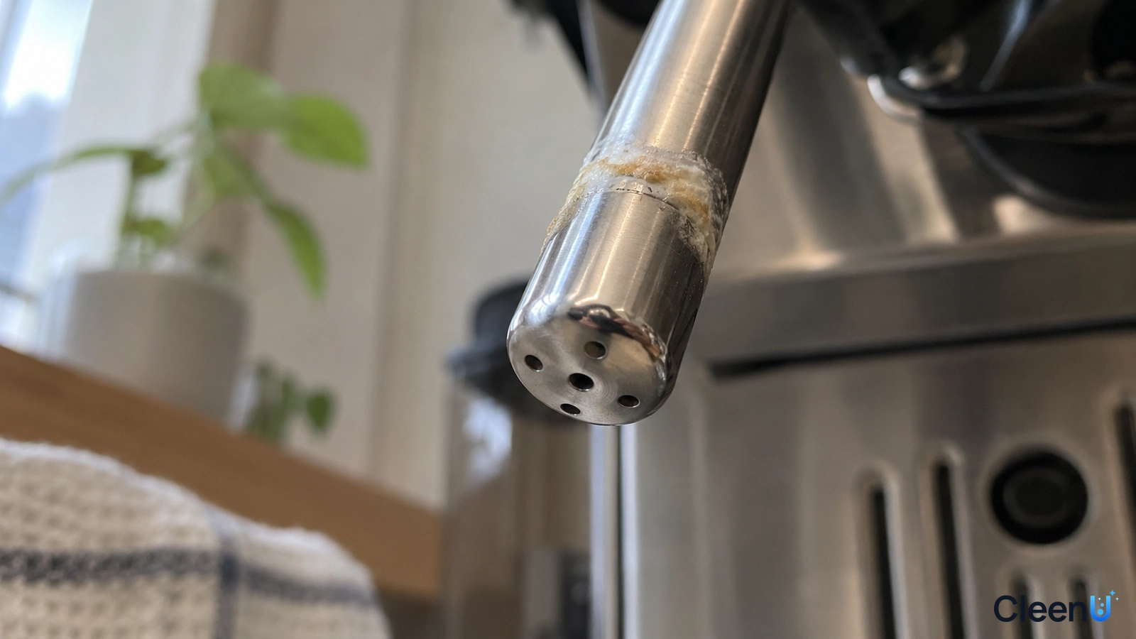 Illustration: Close-up of a coffee-machine steam tip and traces of milk residue.
