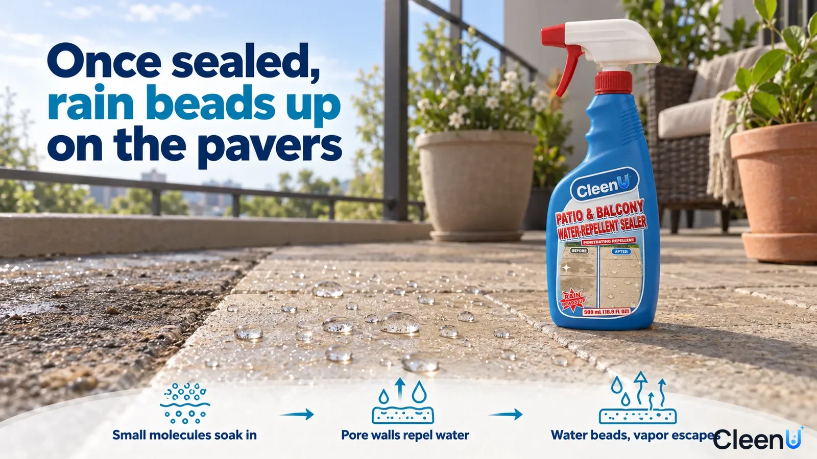 Illustration: Water beads and a darker wet area on patio pavers beside a blue sealer spray bottle.