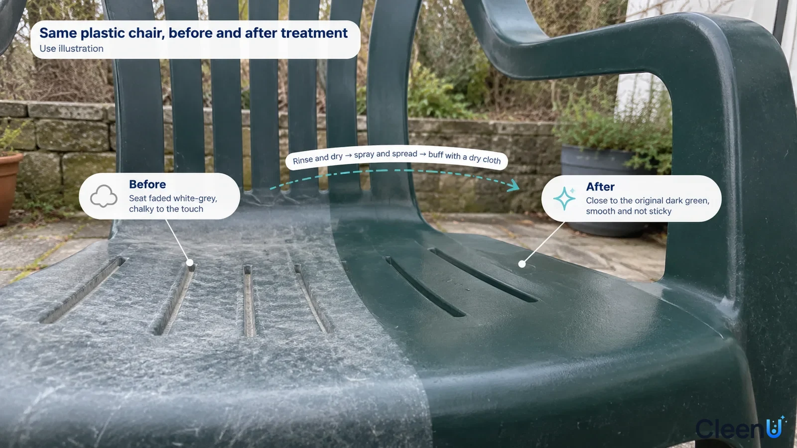 Illustration: Gray-white and dark green areas of a plastic chair; not a measured restoration test.