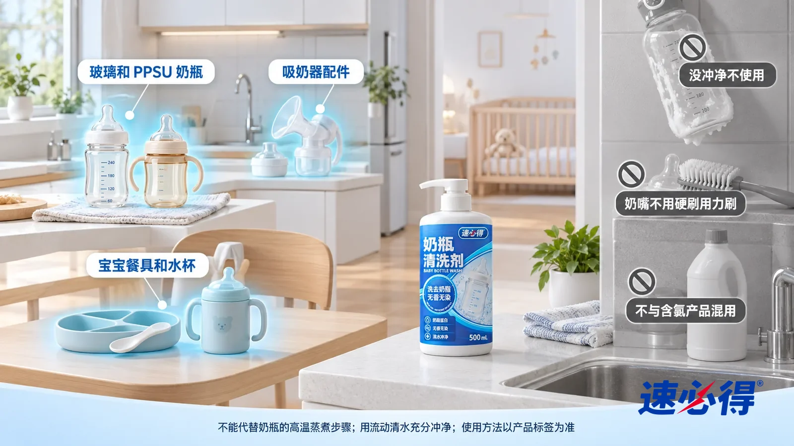 示意图:速必得奶瓶清洗剂——一张写实 3D 剖面实景图,一套明亮的家的厨房、餐厅和婴儿房,连续空间、一个视角,不出现按压瓶,没有婴儿:奶瓶、奶嘴和吸管、吸奶器配件
