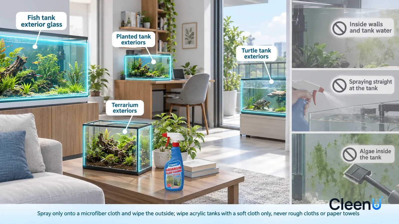 Illustration: CleenU Aquarium Glass Cleaner — A realistic 3D cutaway of a bright home's living room, study, and balcony, one continuous space from one viewpoint