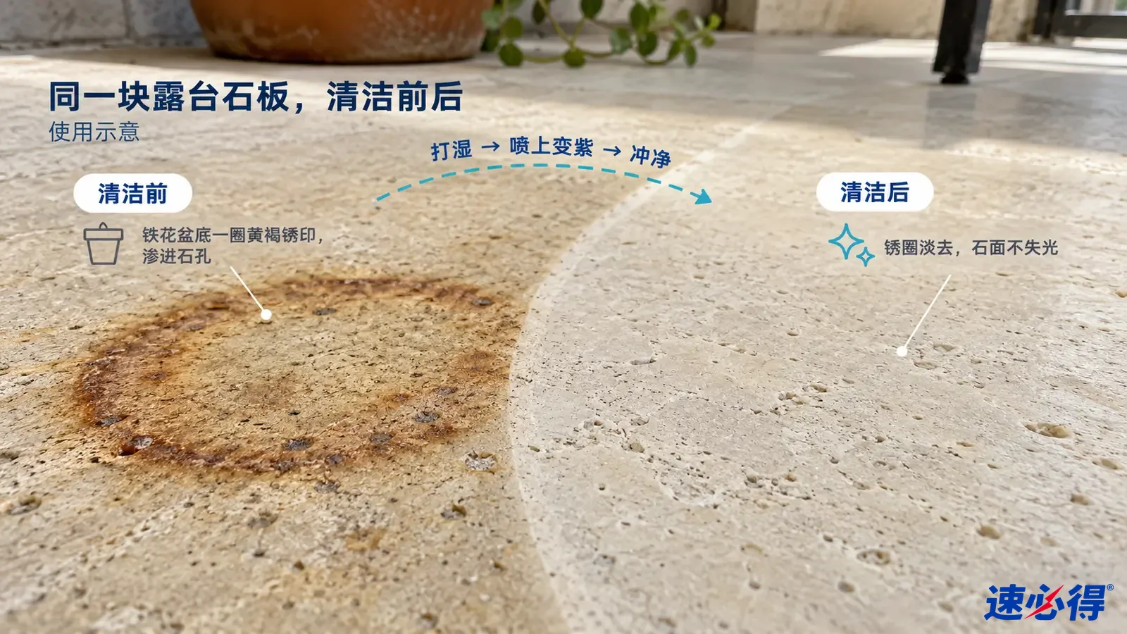 示意图:石材表面的棕色锈圈区域与较浅区域对照,非实测照片。