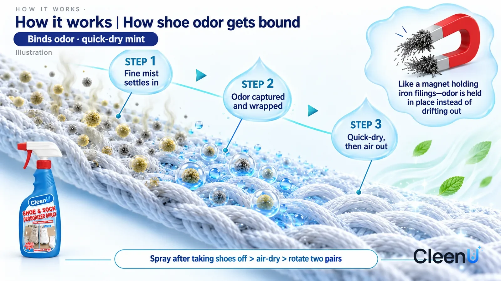 Illustration: CleenU Shoe & Sock Deodorizer Spray — an enormously magnified slice of insole fabric runs diagonally from upper left to lower right; on the left