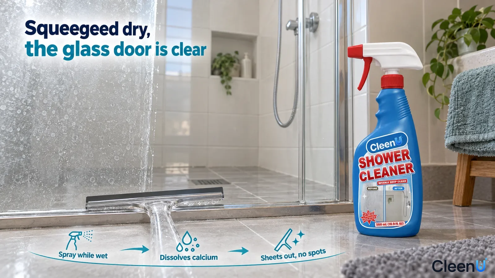 Illustration: Water drops and white spots on shower glass beside a squeegee and blue bottle.