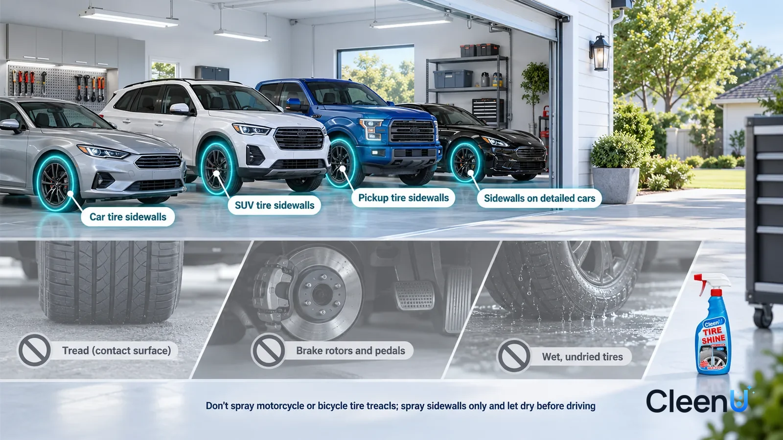 Illustration: CleenU Tire Shine — A realistic 3D cutaway of a bright home garage and driveway, one continuous space from one viewpoint