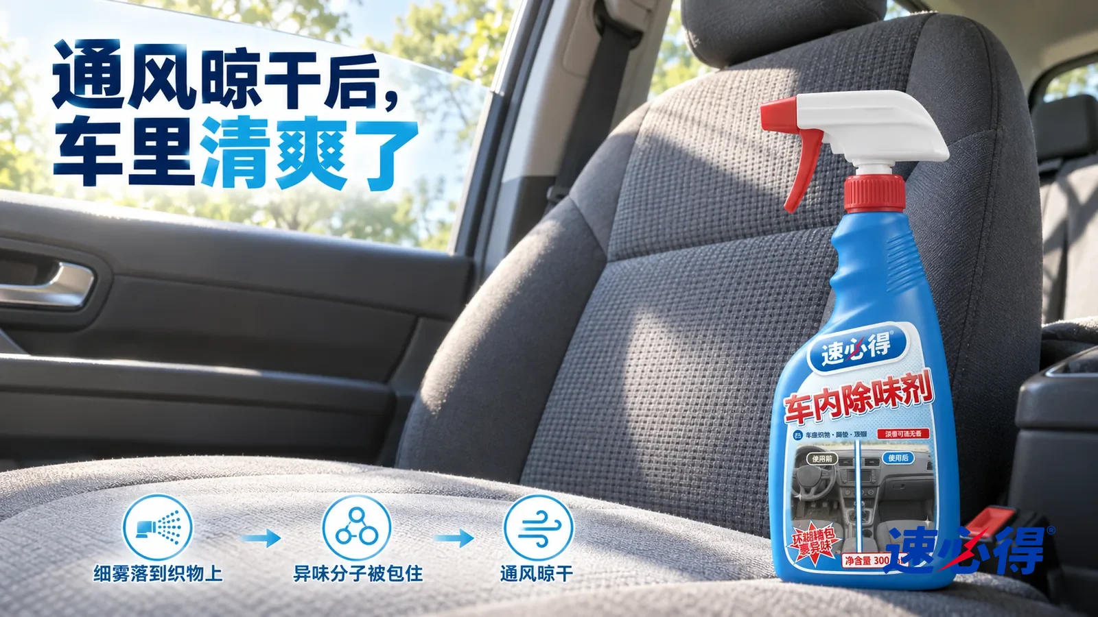 示意图：速必得车内除味剂——清晨的光照在干爽整洁的灰色织物座椅上，织物纹理清楚，车厢里干干净净