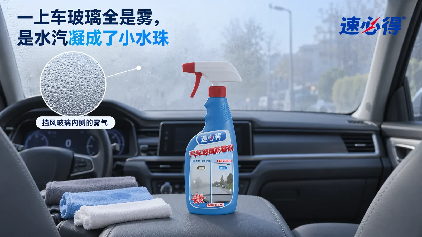 示意图：速必得汽车玻璃防雾剂——同一辆停稳的无品牌家用车，灰色内饰、中央扶手箱，冷色清晨窗光；无人驾驶、无人行驶中操作