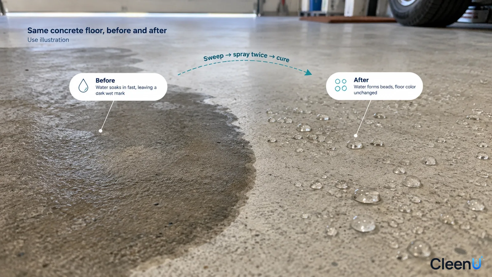 Illustration: Dark wet and water-beading areas on concrete; not a measured performance test.