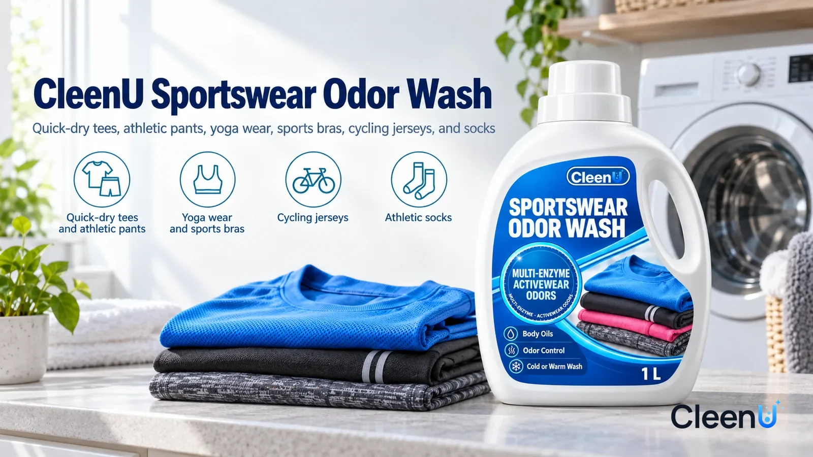 Illustration: CleenU Sportswear Odor Wash — A bright, clean laundry room, an unbranded white front-load washer, a stack of folded blue, black