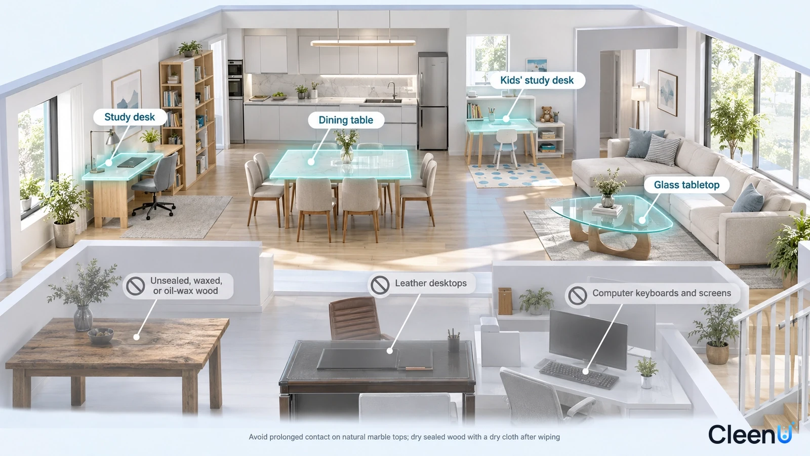 Illustration: A home cutaway highlighting study, dining and coffee table surfaces beside material precaution icons.