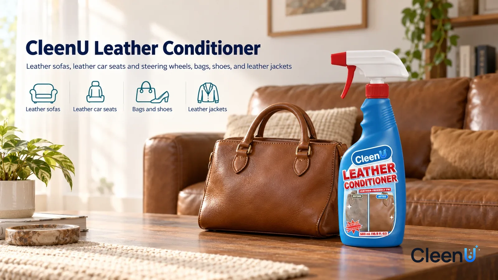 Illustration: CleenU Leather Conditioner — A bright, warm living room, a brown smooth genuine-leather sofa with a warm color and soft sheen