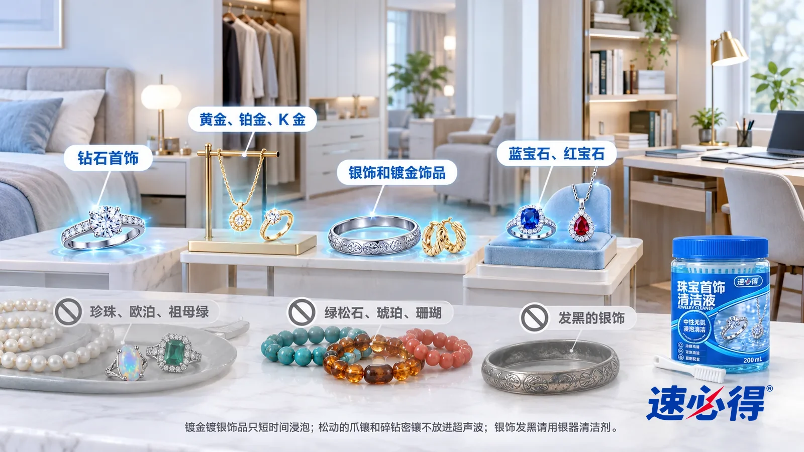 示意图：速必得珠宝首饰清洁液——一张写实 3D 剖面实景图，一套明亮的家的卧室、衣帽间和书房区域，连续空间、一个视角，不出现瓶子和罐子：钻戒、金项链和铂金戒指