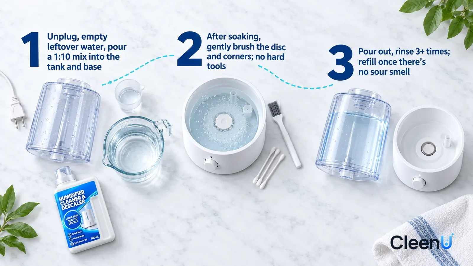 Illustration: CleenU Humidifier Cleaner & Descaler — an overhead shot straight down onto a light marble tabletop, no bottle and no hands: (1) an unplugged power plug