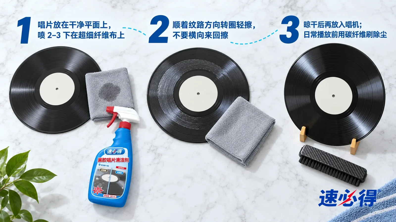 示意图:速必得黑胶唱片清洁剂——① 一张平放的黑胶唱片(中心标签空白素色)和一块叠好的灰色超细纤维布,布面上一小片微湿的深色痕迹;② 一张黑胶唱片