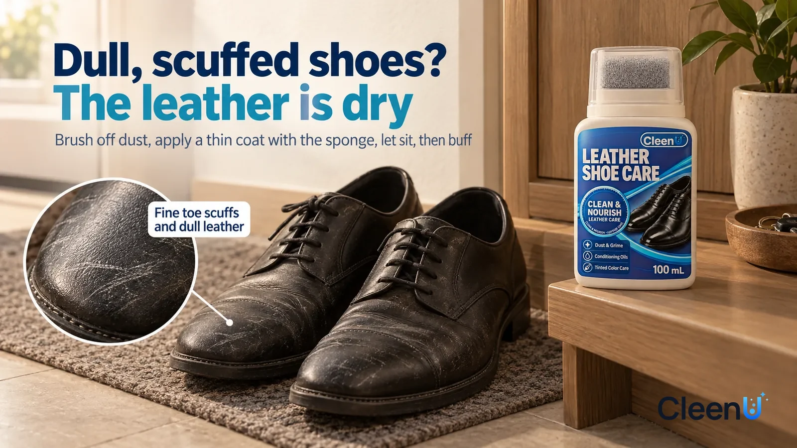 Illustration: CleenU Leather Shoe Care — An everyday entryway, a pair of black polished lace-up leather shoes (no brand marks) worn for a while sits on the mat in front of the shoe Headline: "Dull, sc