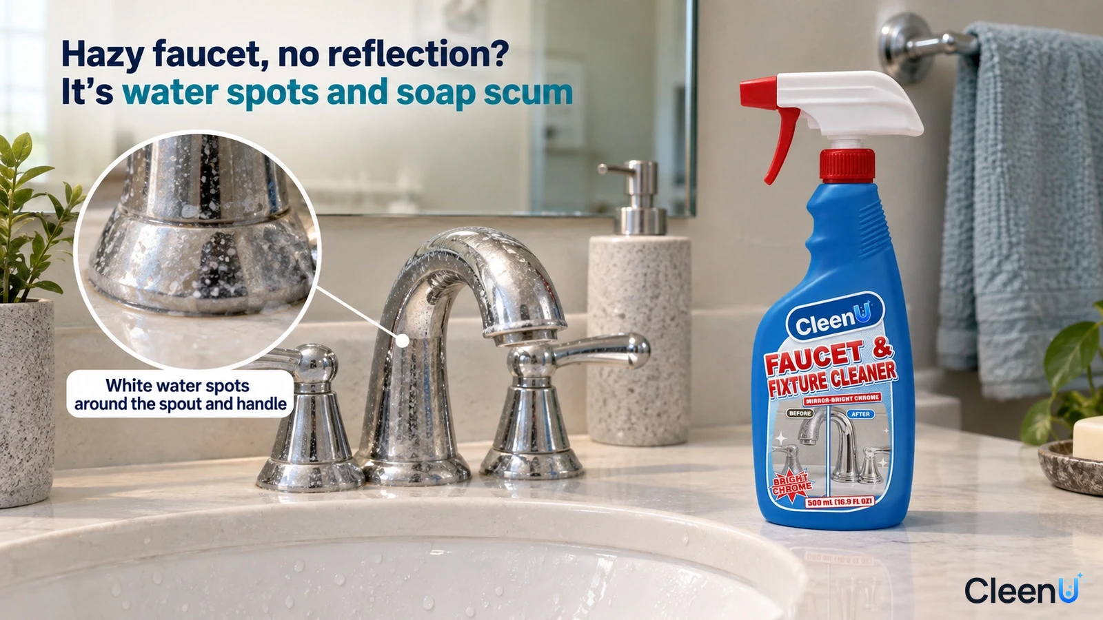 Illustration: White water spots on a chrome bathroom faucet beside a blue cleaner bottle on a vanity.