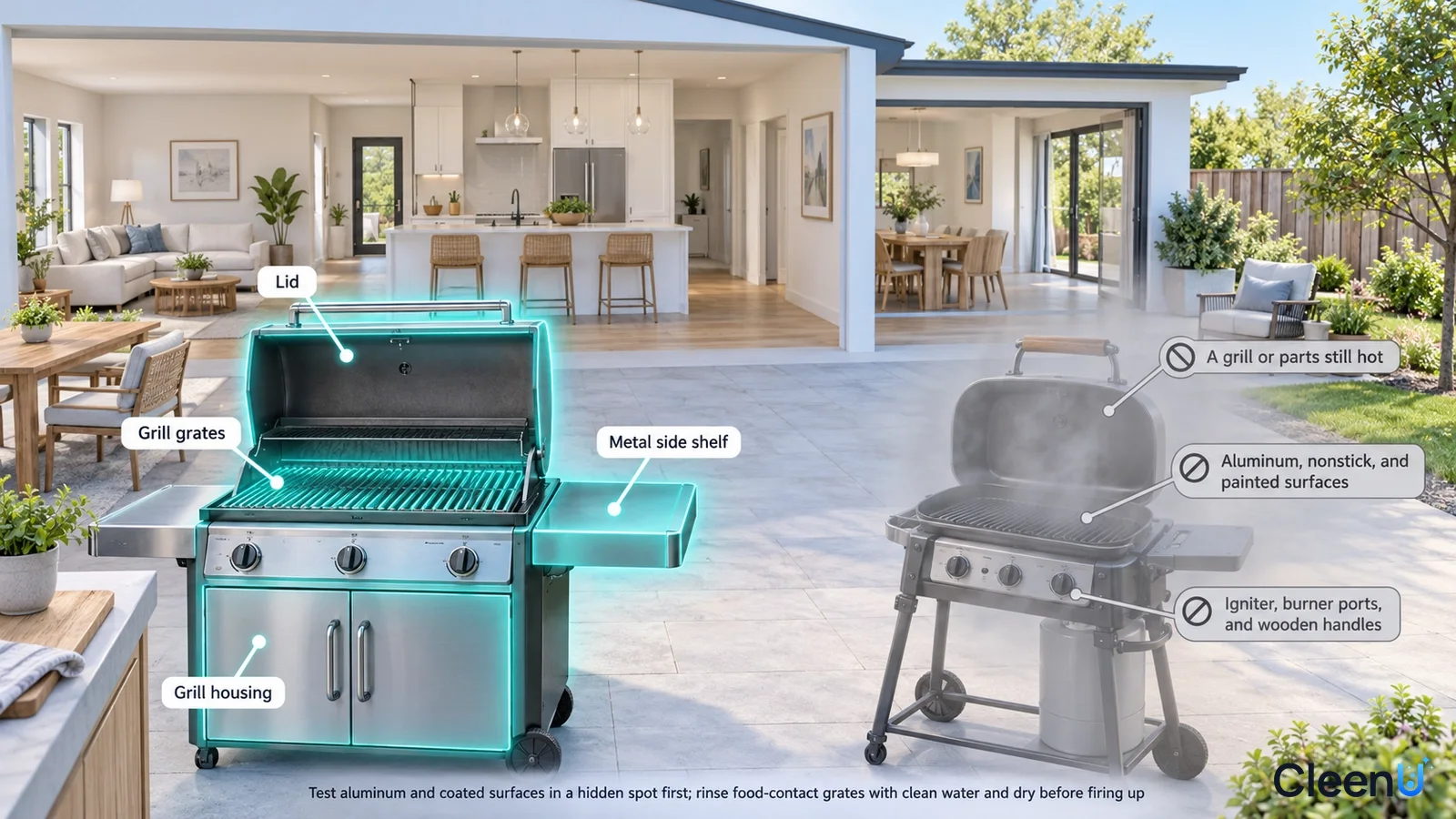 Illustration: Highlighted barbecue grate and hood areas beside material, temperature and use precaution icons.