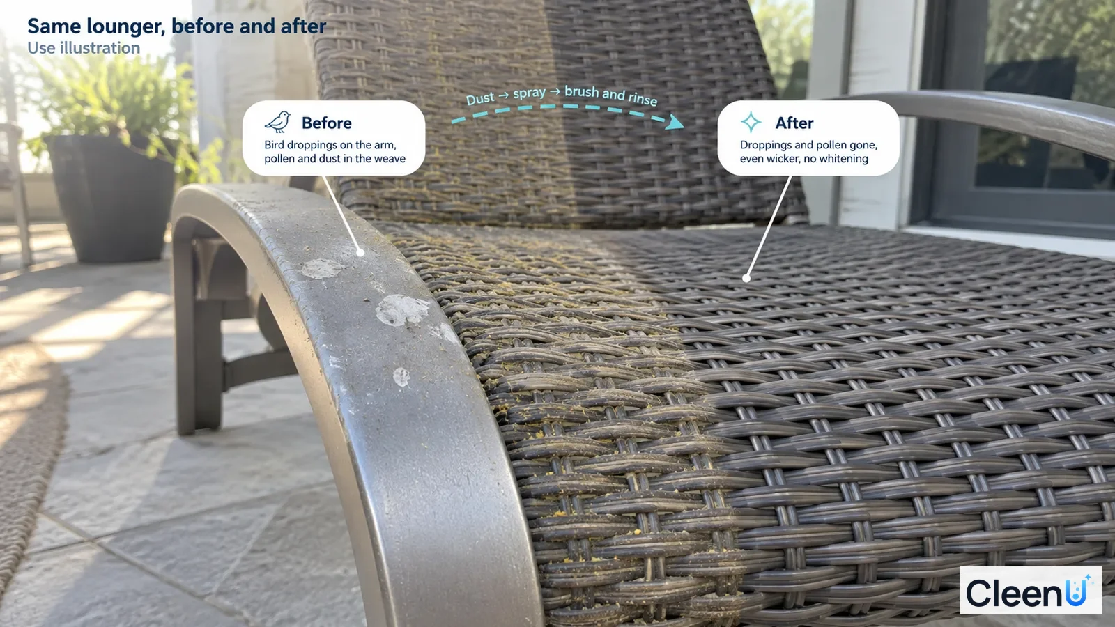Illustration: Stained and clearer lounger-arm areas; not a measured cleaning test.