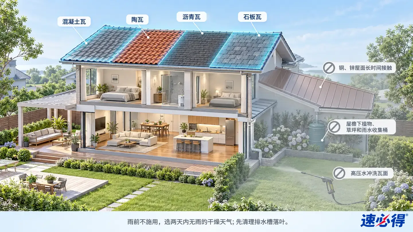 示意图：住宅不同屋面区域被突出显示，旁列屋面材质及设备注意事项。