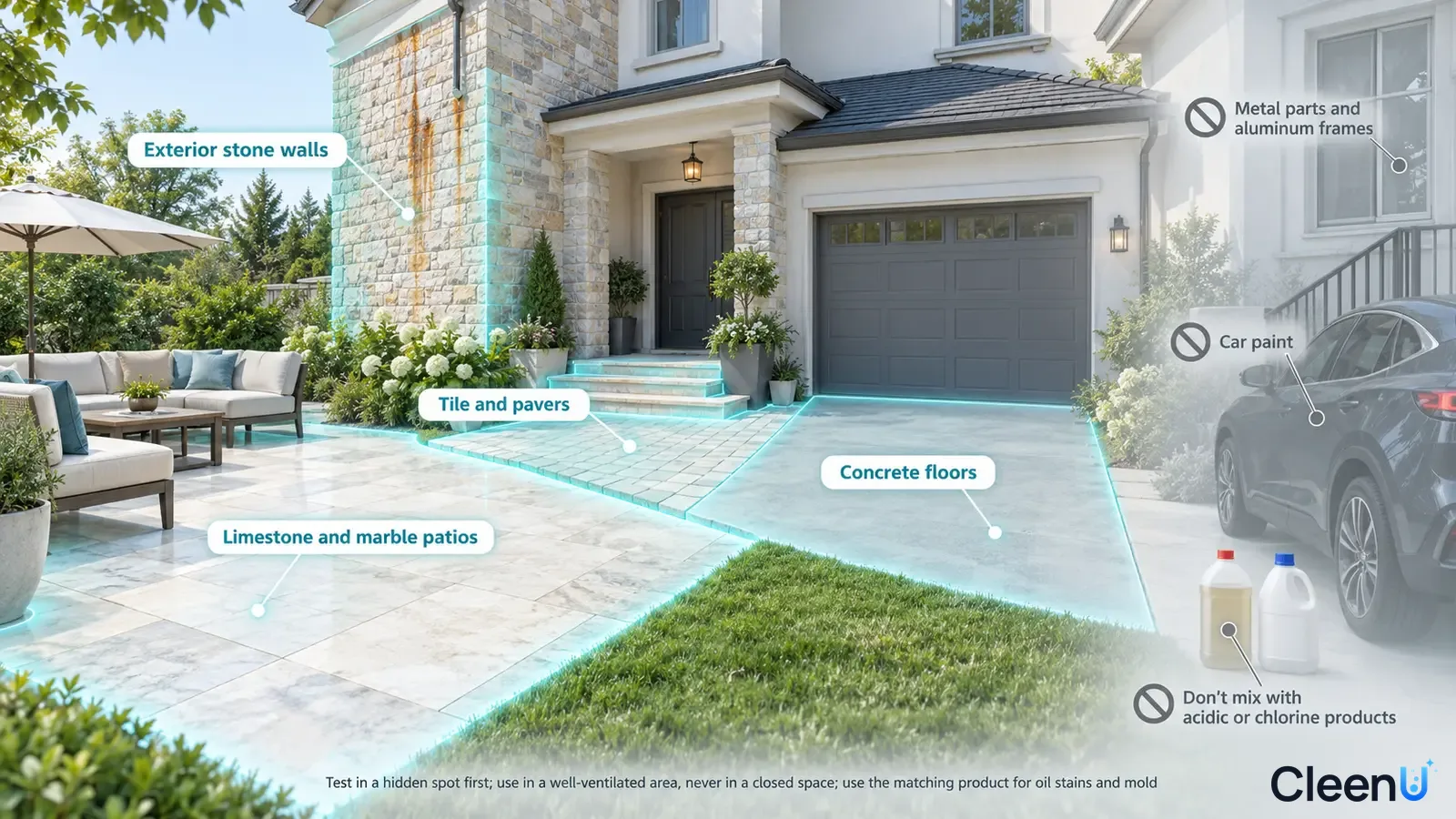 Illustration: Highlighted patio, steps, driveway and exterior stone walls beside material precautions.