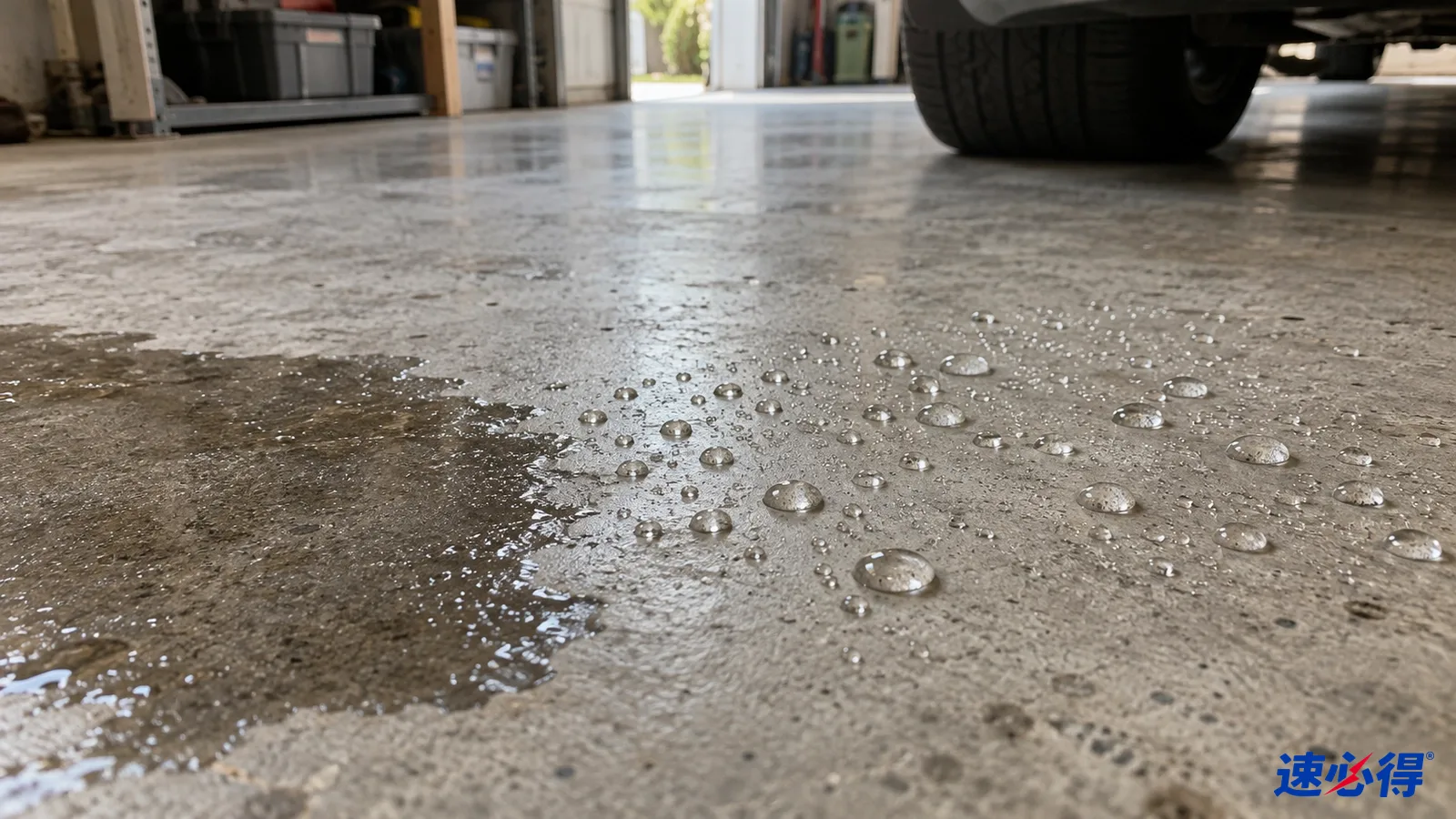示意图：水泥地面深色水迹与邻近透明水珠的近景。